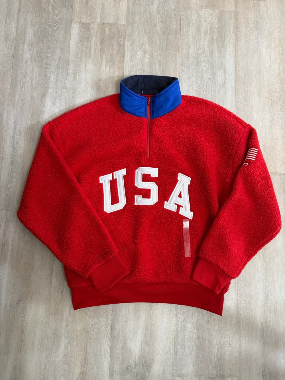 Ralph Lauren USA Red Half-Zip Fleece Sweater with Blue Collar